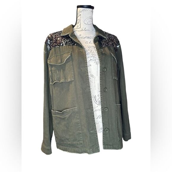Onehart Women Army Green sequin Jacket M great condition. - Picture 1 of 11